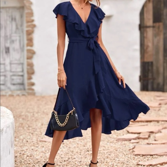 Boho burgundy butterfly sleeve blue ruffle hem belted wrap dress - Picture 10 of 16